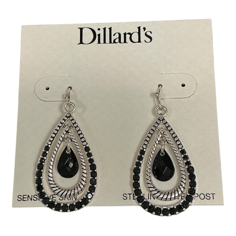 Dillard’s Double Open Loop Jet Black Faceted Crystal Silver Tone Earrings
